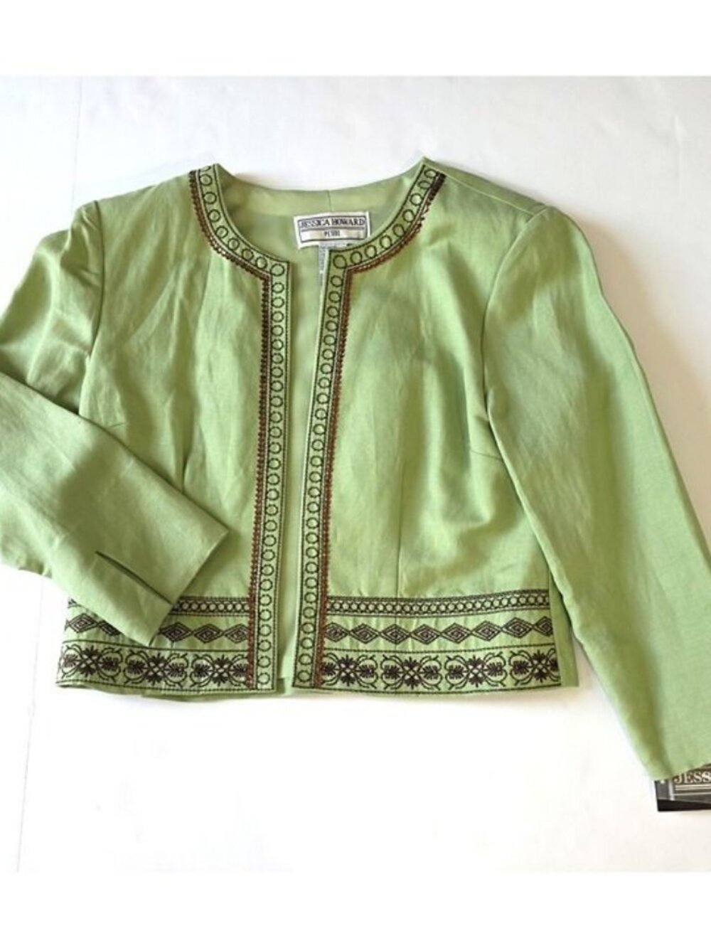 NWT Jessica Howard Petite Green Embroidered Linen Blend Jacket Size 4P